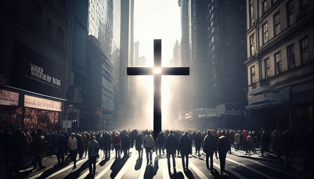 A large back-lighted cross in a crowd of people